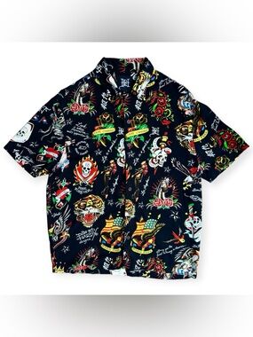 Ed Hardy Tattoo Button Up Shirt Men's Medium Collared AOP Multicolor Skull